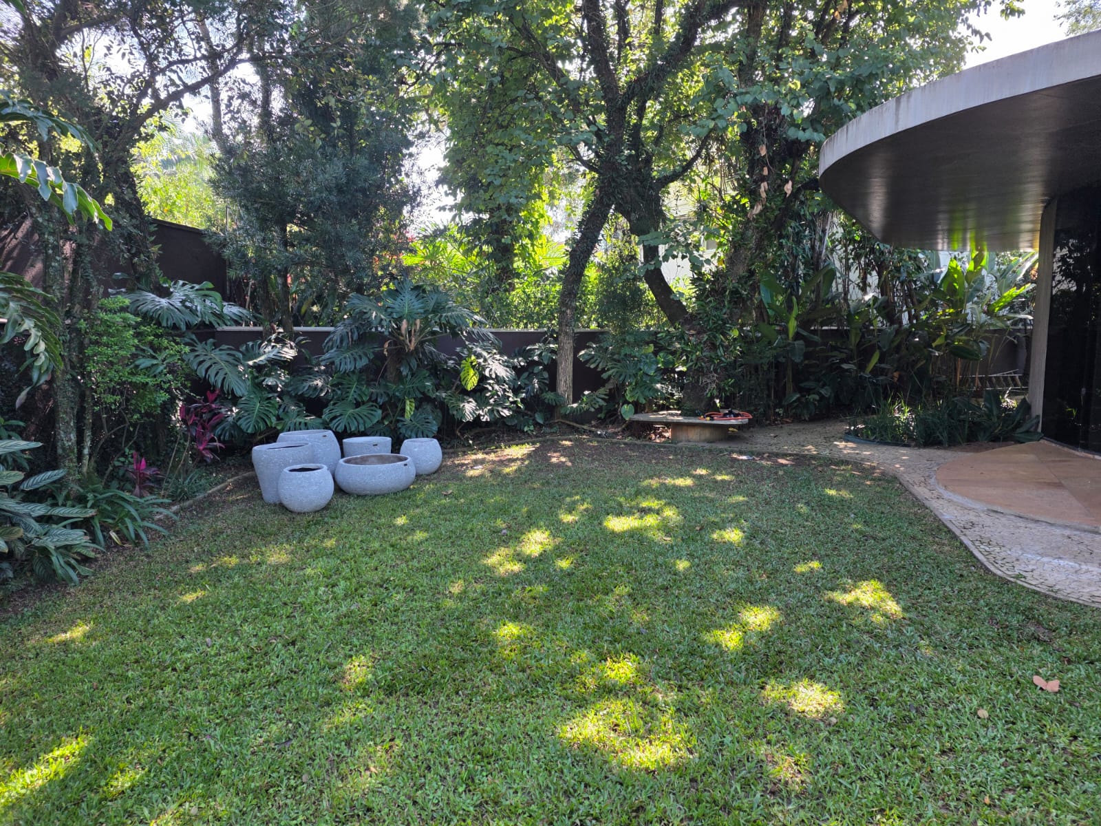 Jardim posterior com curva de concreto e vegetação densa
